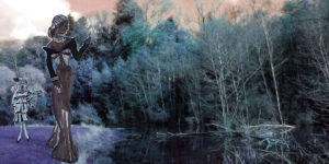 Kailie fashion models - Model and child by a pond